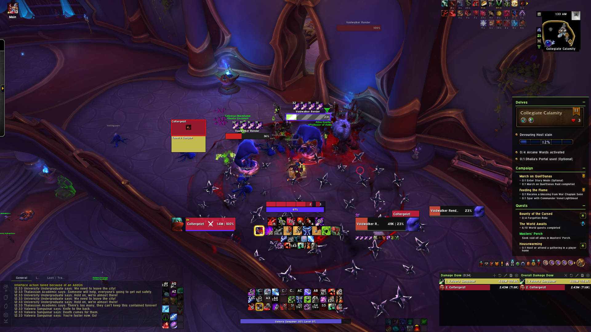 DK Unholy + Blood layout in combat during a Collegiate Calamity delve pull, 1920x1080